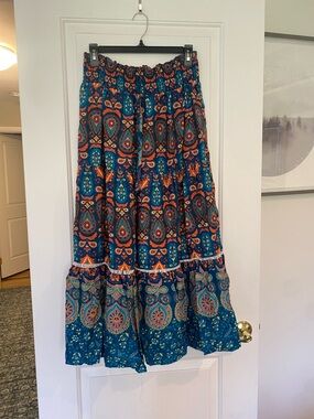 Bohemian Teal Printed Tiered Maxi Skirt